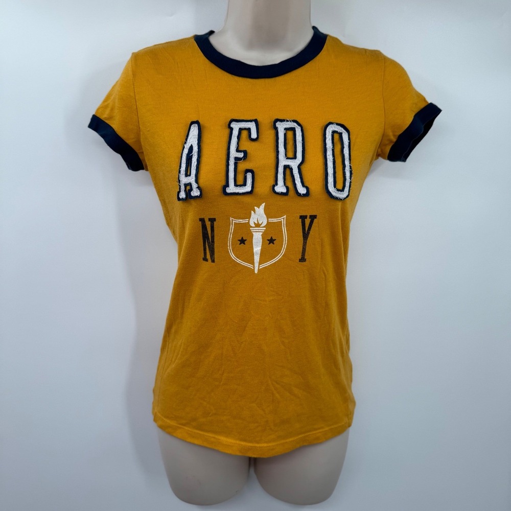 Aeropostale Women T-Shirt Small Yellow Navy Ringer Graphic Collegiate Retro